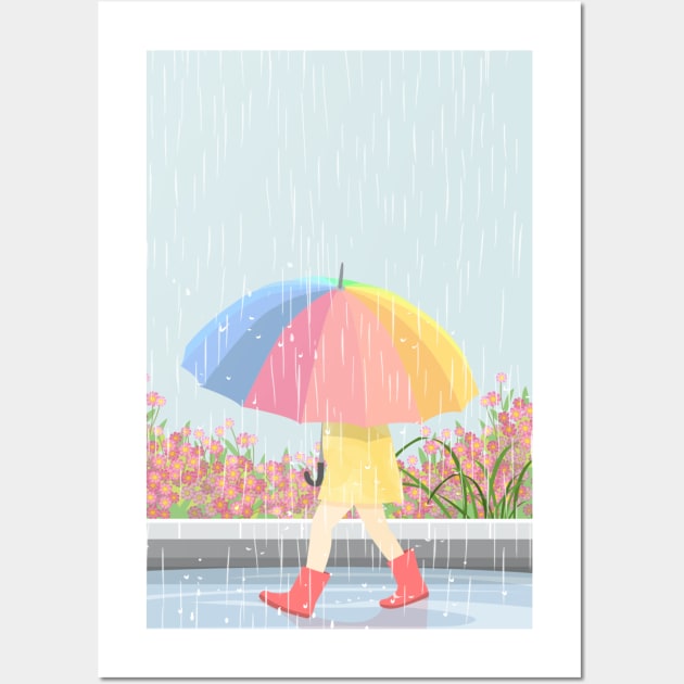 Lovely Girl With Umbrella In Rain Day Wall Art by MariaStore